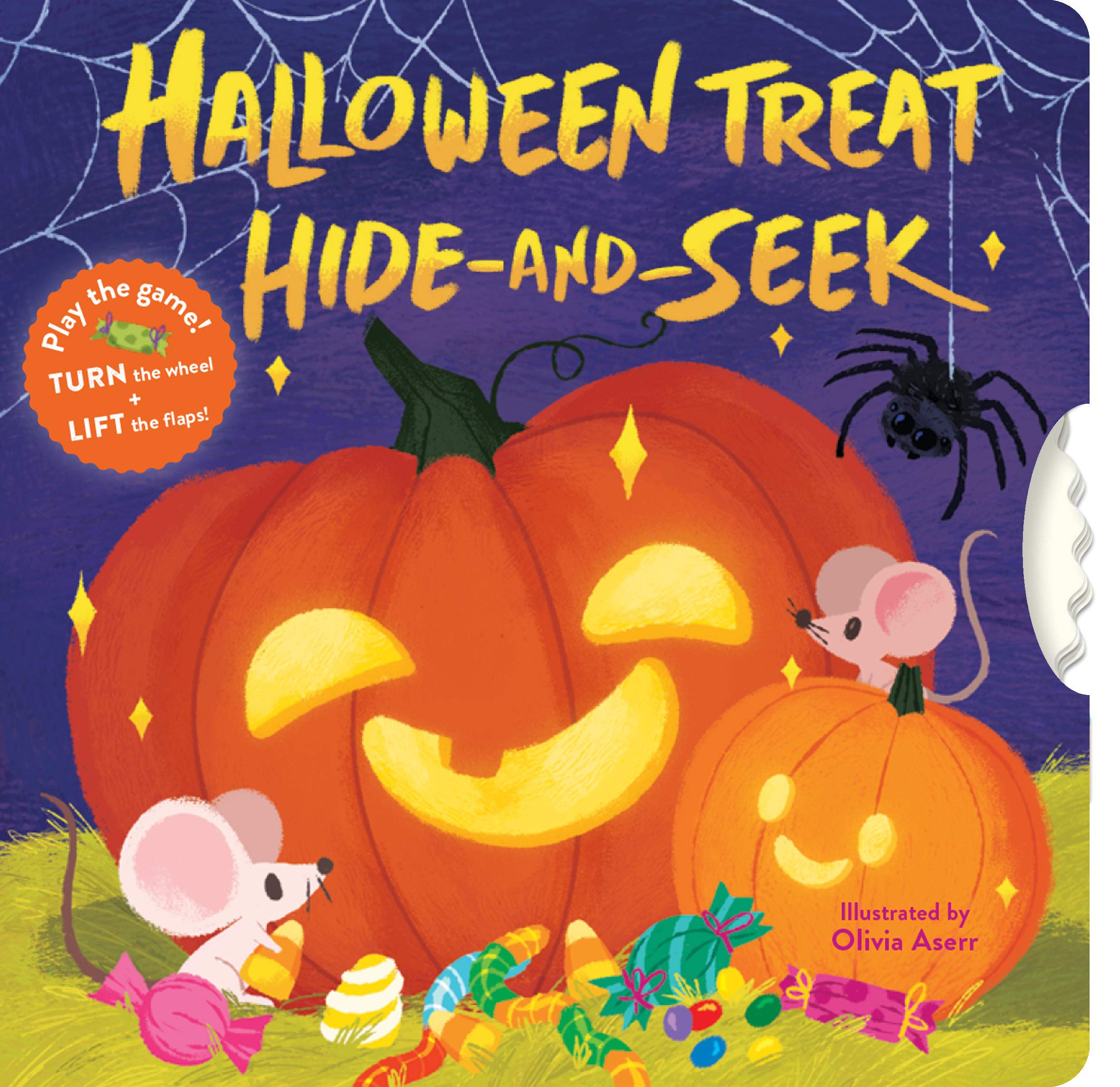 A novelty board book cover with pumpkins against a purple backdrop, surrounded by candies, little mice, and friendly spiders. The right edge of the book features a wheel that can be spun.