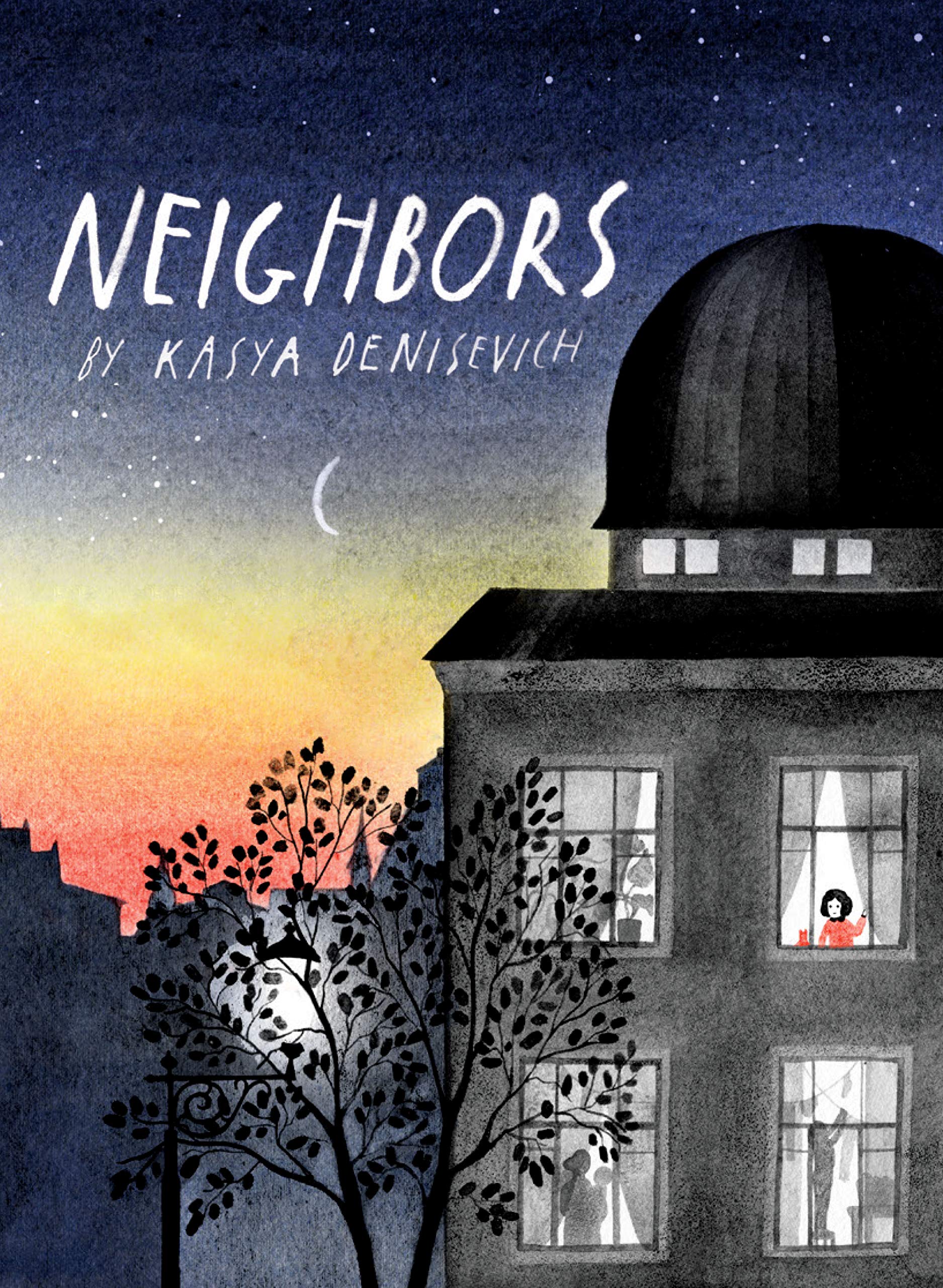 A picture book cover featuring a gray, domed apartment building against a dusky night sky dotted with stars. A girl in red stands in the building's topmost right window, looking out at the night.