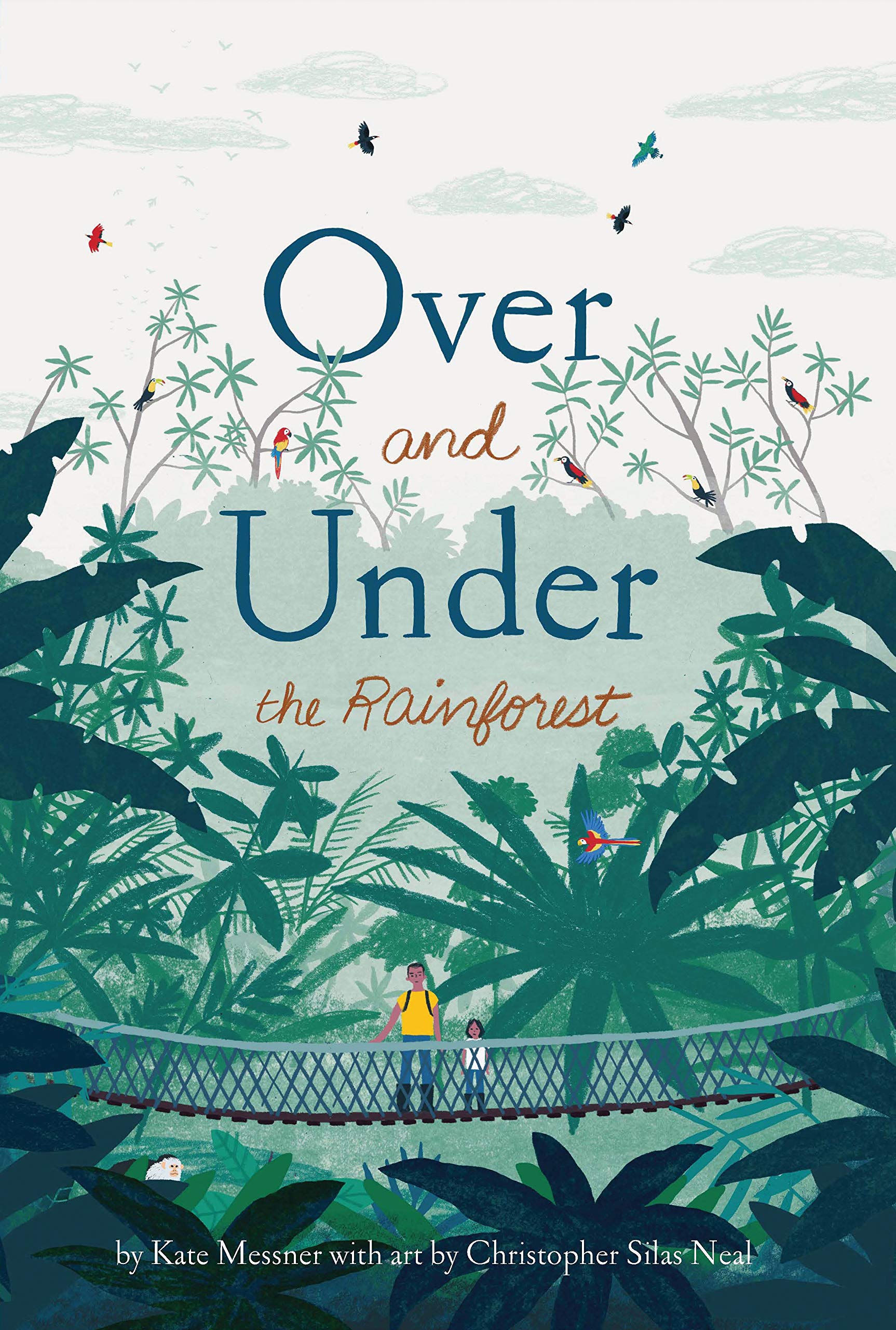 A picture book cover depicting two characters standing on a wooden bridge in a lush rainforest canopy giving way to sky.