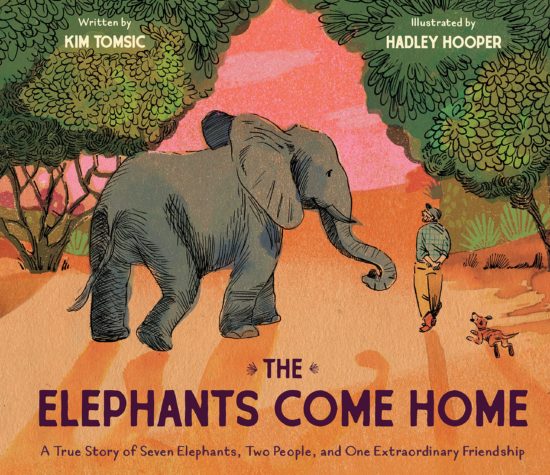 A picture book cover showing an elephant and a middle-aged man with a beard, walking together against a backdrop of acacia trees and a rich pink sky.