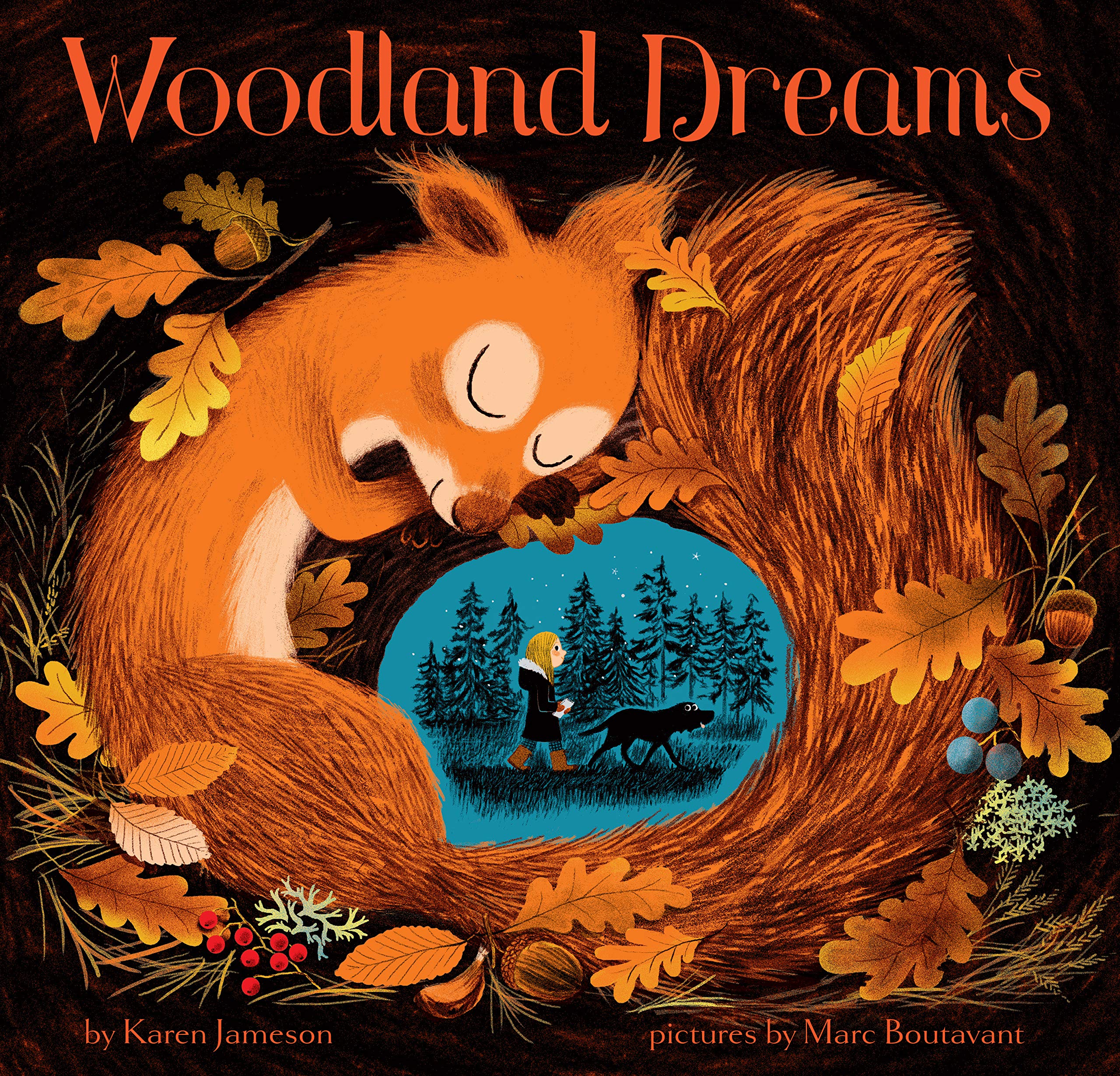 A picture book cover depicting an orange squirrel against a black background, curled around a vignette of a girl and her dog exploring the woods at twilight.