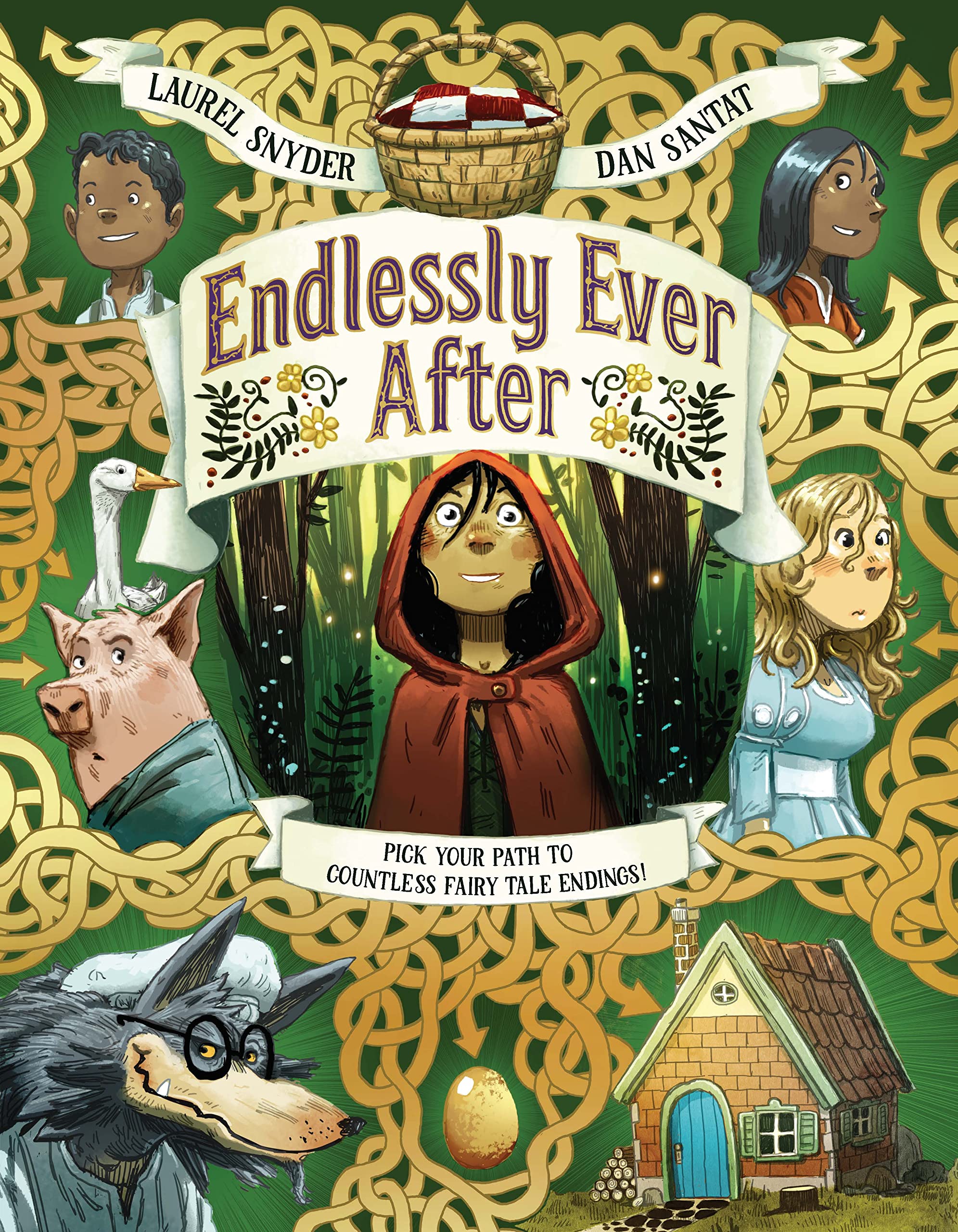 A picture book cover depicting Little Red Riding Hood in a forest, surrounded by twisting, gold-foil arrows with spot illustrations of fairy tale characters (such as Rapunzel, Hansel and Gretel, a Little Pig, and the Big Bad Wolf) inlaid against a deep green background.