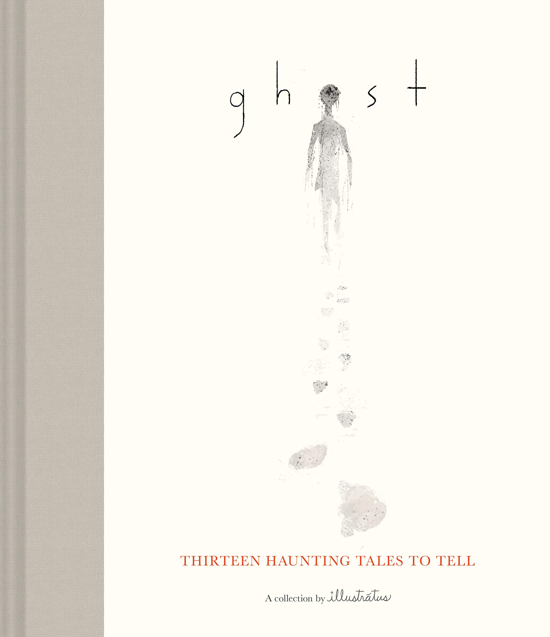 A pale cream cover with gray cloth spine, depicting a gray, ghostly figure walking away from the reader and leaving footprints as it goes.