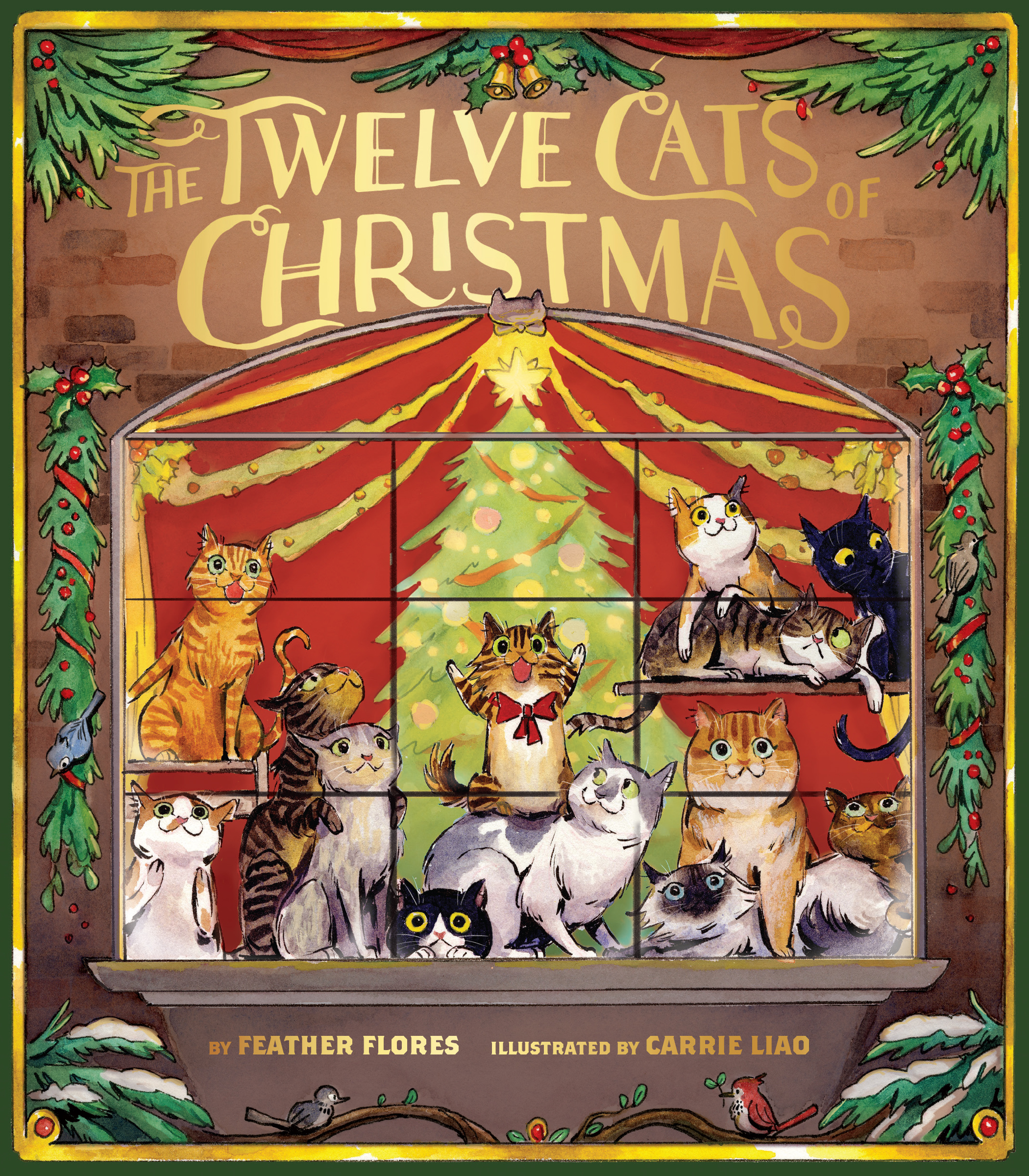 A picture book cover depicting twelve cats and one kitten of various sizes and breeds, posed inside the window of a festively-decorated brick house. A brightly-lit Christmas tree shines in the background.