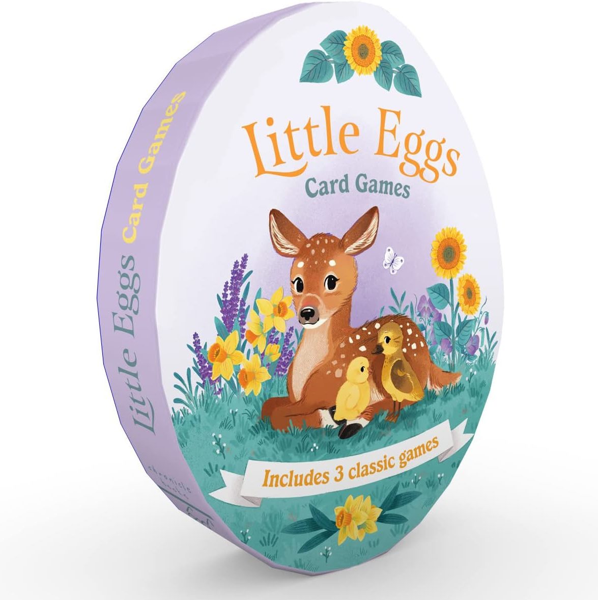 An egg-shaped playing card box standing upright with a flat bottom, adorned with a fawn, a chick, and a duckling sitting in the grass surrounded by purple and yellow flowers.