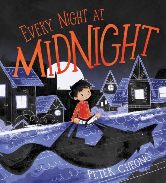 A picture book cover depicting a young, light-skinned boy with black hair sitting cross-legged on the roof of a house at night, smiling as he looks up and to the right. Other houses are visible in the distance, as is a rising full moon, and a large black wolf shadow extends out in front of the boy.