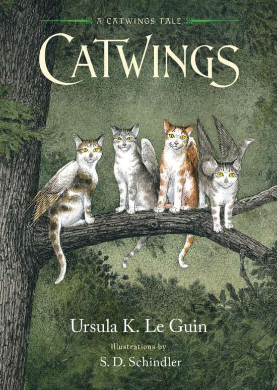 A chapter book cover depicting four winged cats (each one an orange-brown tabby with white underbellies and faces) sitting on a tree branch and looking out at the reader.