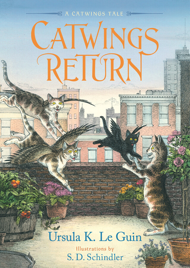 A chapter book cover depicting two winged tabby cats and one smaller, winged kitten with black fur flying down to a cozy brick balcony with flowerpots, where a non-winged tabby cat waits on her hind legs, reaching out to receive them in a kitty hug.