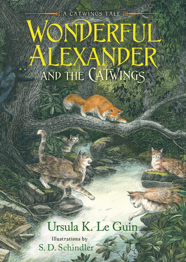 A chapter book cover depicting a fluffy orange cat on a tree branch over a stream, set in a forest, with four winged, brown tabby cats looking up at him from the banks of the stream while a winged black cat clings to a nearby tree and looks on.