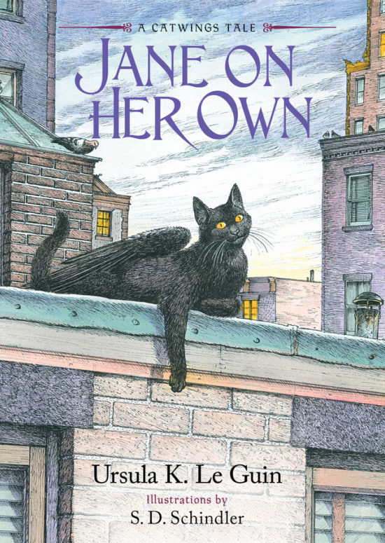 A chapter book cover depicting a winged, black cat sitting on a city rooftop and gazing up at the sky cheerfully, as one relaxed paw dangles down off the roof.