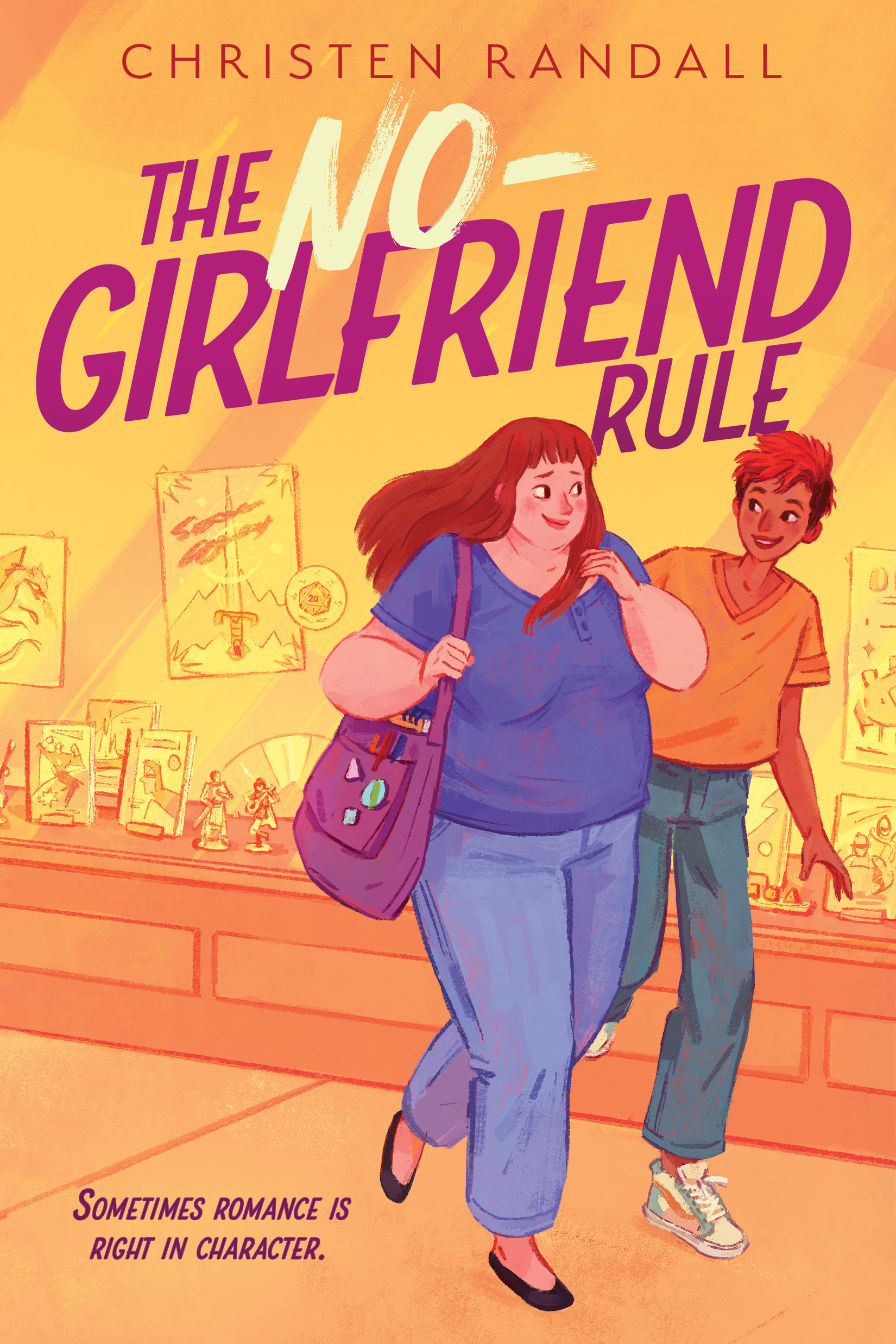 A young adult novel cover depicting a fat white girl with brown hair and a purple tote bag (with pins outside and a sketchbook visible inside) smiling tentatively at a thin brown girl with dyed orange hair next to her; they are walking on the sidewalk on the right side of the cover. Behind them on the left a store window is visible, and it contains miniature RPG figures (notably a paladin and a bard) as well as posters and comic books. The tagline reads "Sometimes romance is right in character."