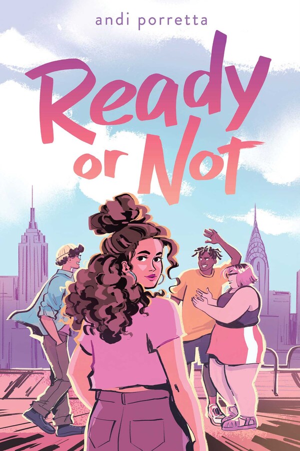 A young adult graphic novel cover depicting a white girl with hoop earrings and long, curly, brown hair on a rooftop, looking over her shoulder at the reader. Just beyond her, three teens greet each other: one light-skinned boy walking from left, one Black boy with a hand up for a high five, and one fat Korean girl with purple hair gesturing as she tells a story. The New York City skyline sits in the distance against a partly cloudy blue sky.