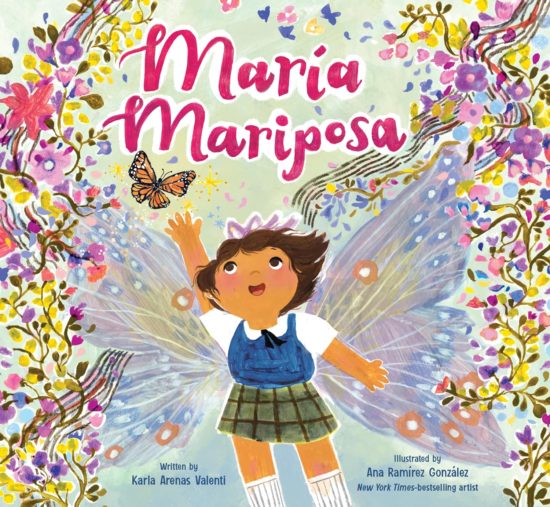 A picture book cover depicting a young, light-skinned girl with iridescent butterfly wings, surrounded by trails of magic interwoven with bright, colorful flowers, as she reaches up toward an orange Monarch butterfly near the title.