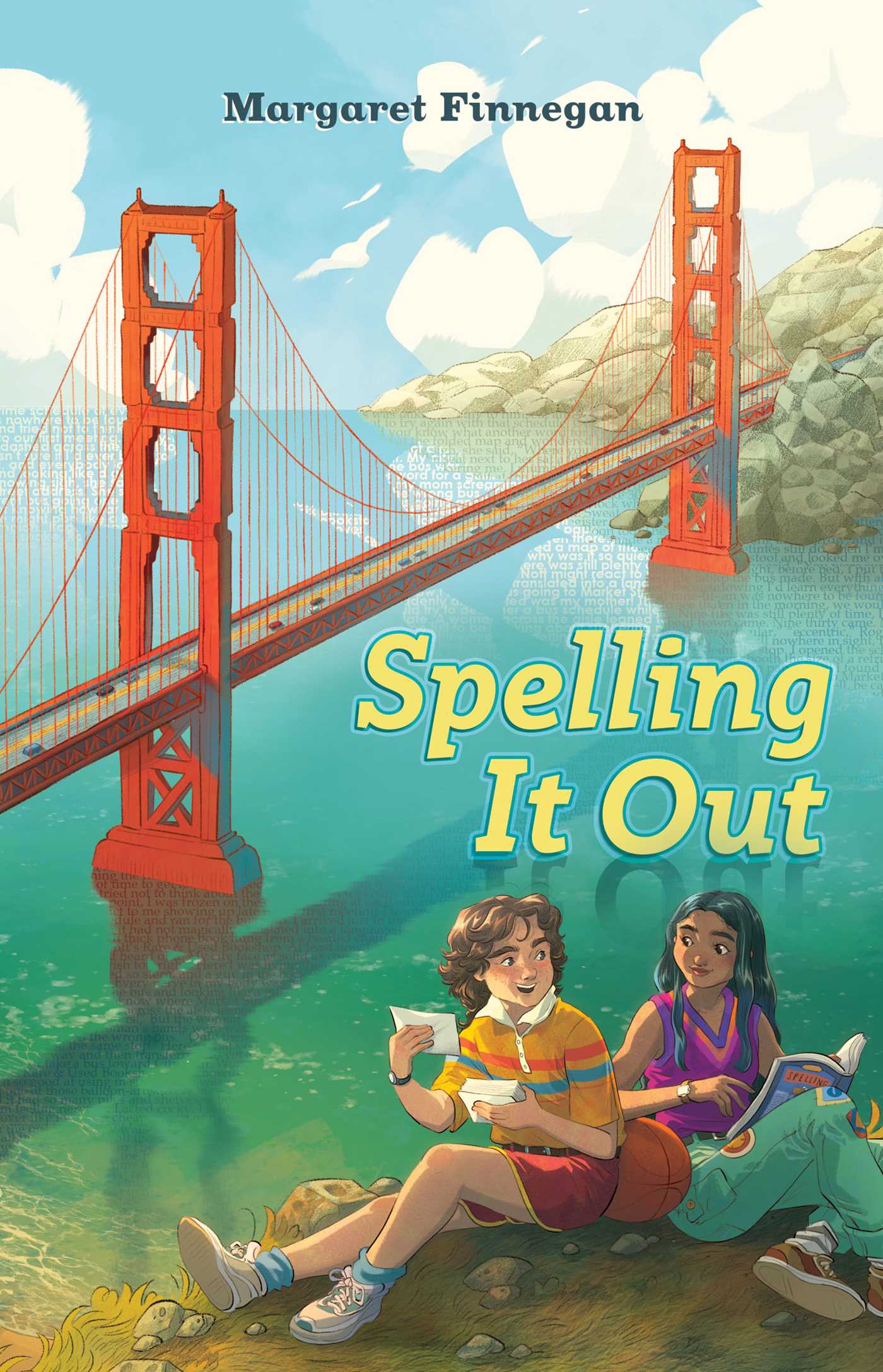 A middle grade cover depicting a white boy with shaggy brown hair, wearing a striped yellow collared shirt and gym shorts, sitting on a hill next to a brown girl with long black hair, wearing a sporty purple sleeveless shirt and pants. The boy is holding flashcards, while the girl looks at him with an open book on her lap. They're both smiling, with the Golden Gate Bridge and the San Francisco Bay visible behind them.