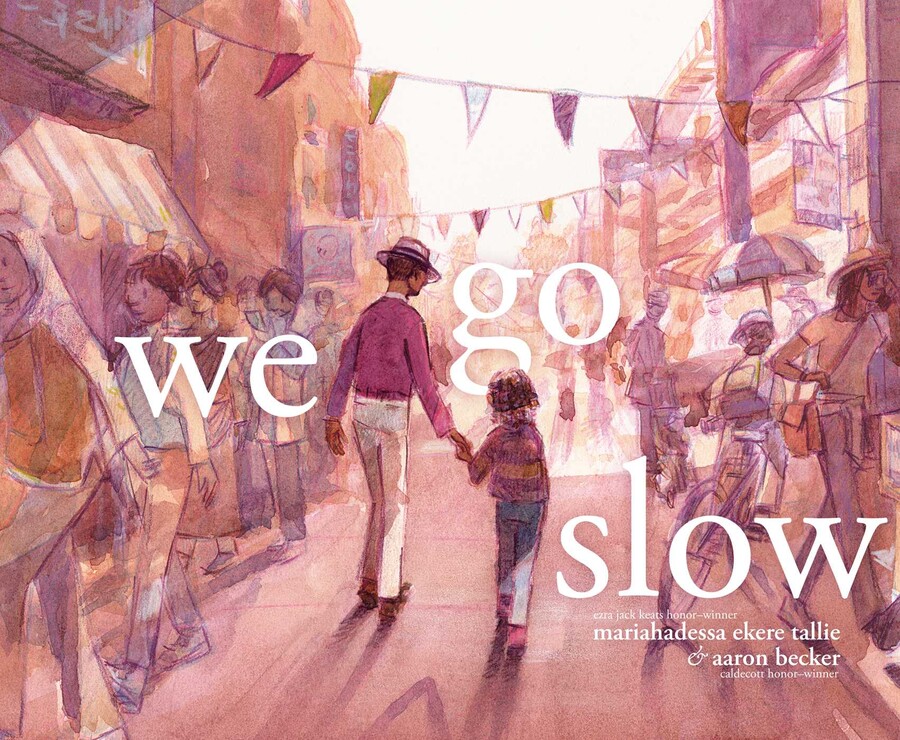 A picture book cover depicting a Black girl and her grandfather walking away from the viewer, holding hands. Around them is a busy city street around sunset, with steet vendors and people walking by in the opposite direction. The cover is bathed in soft pinks, oranges, and golds.