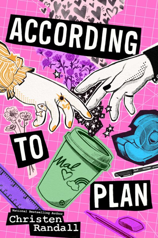A young adult novel cover depicting two hands reaching towards each other and meeting with a spark in the middle, where a coffee cup spills a collage of different patterns onto a pink cutting mat. These elements are surrounded by a ruler, a pencil and eraser, a pen, and tape, all stylized to look like a collage