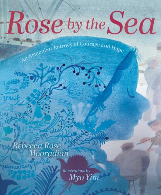 A picture book cover depicting a large profile view of a girl in a headscarf embroidered with flowers and vibes, with her eyes closed and a poignant blue wash over her figure. In the background is a ship and a group of people in WWI-era clothing dancing gently.