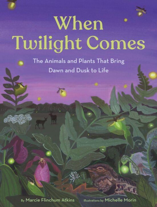 A picture book cover depicting the natural world at twilight, against a purple sky lit with fireflies. Plants frame the bottom of the cover, a bird tucked among them, and the silhouettes of deer are visible in the distance.