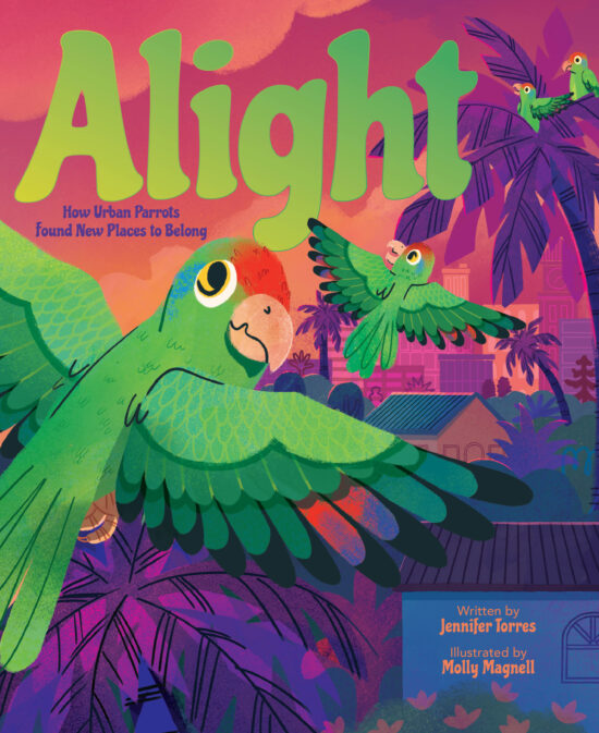 A picture book cover depicting parrots flying over a landscape of houses and palm trees against a pink and purple sunset, while one large parrot in the foreground looks back at the viewer