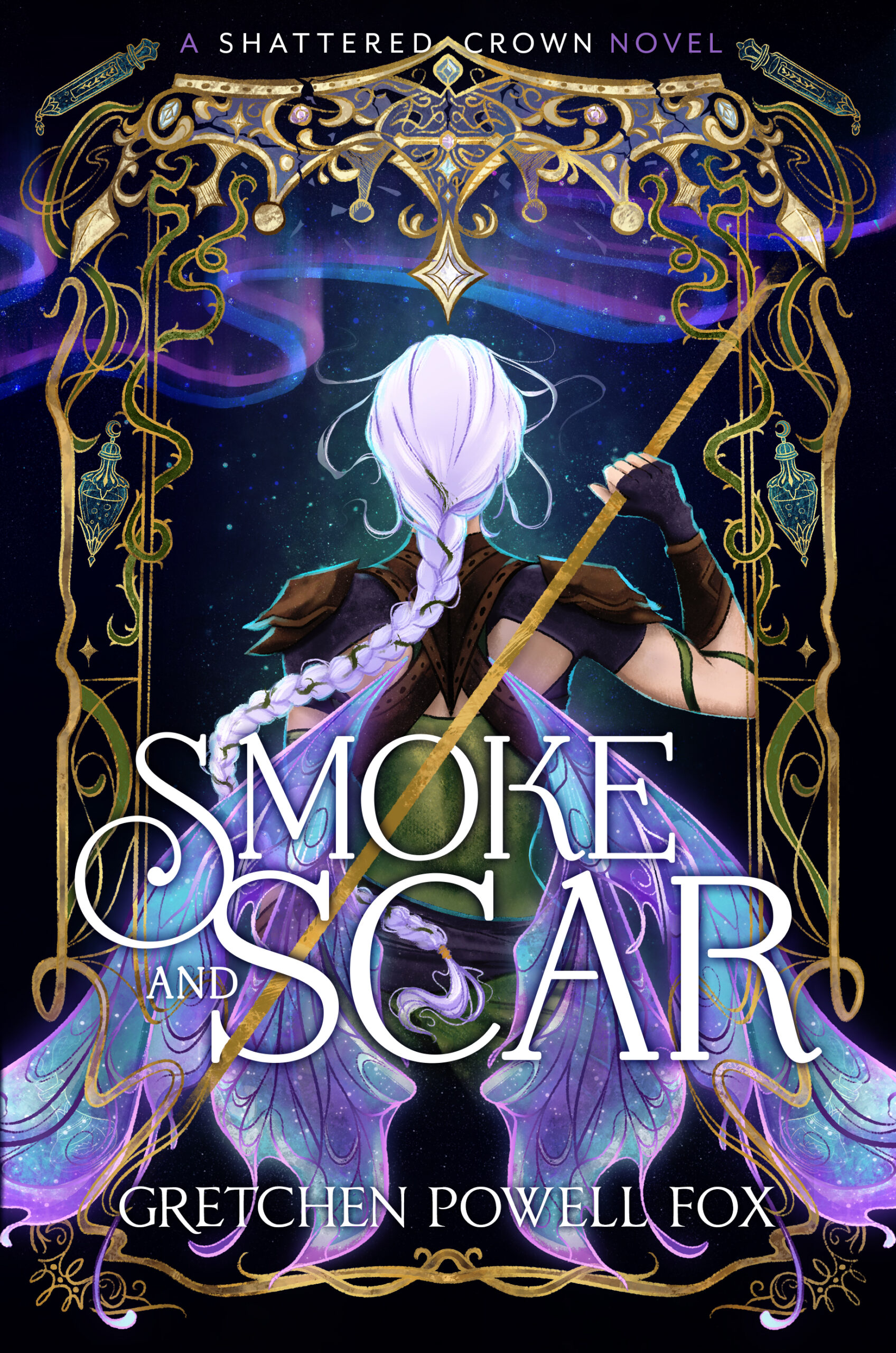 A fantasy novel cover depicting a female fae with her back to the viewer, purple and blue wings spread low as she stands with one hand wielding a golden staff, purple hair in a braid. Above her is a purple aurora and surrounding her is an intricate golden border entwined with vines, ending at the top with a shattered golden crown.