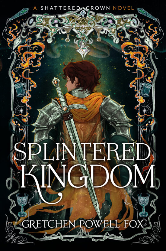 A fantasy novel cover depicting a male knight with his back to the viewer, turning his head to the right to look at someone off-page. Above him is a green aurora and surrounding him is an intricate border entwined with fire, ending at the top with a shattered silver crown.