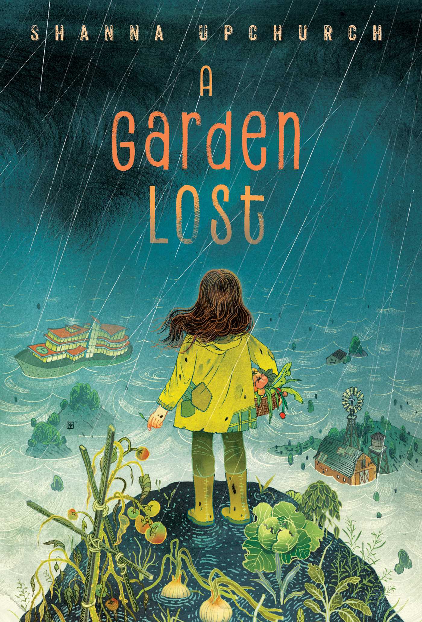A middle grade cover depicting a girl in a yellow raincoat standing on a rock with sparse greenery, her back to the viewer, as she looks out at a stormy expanse of water and rain swallowing the world