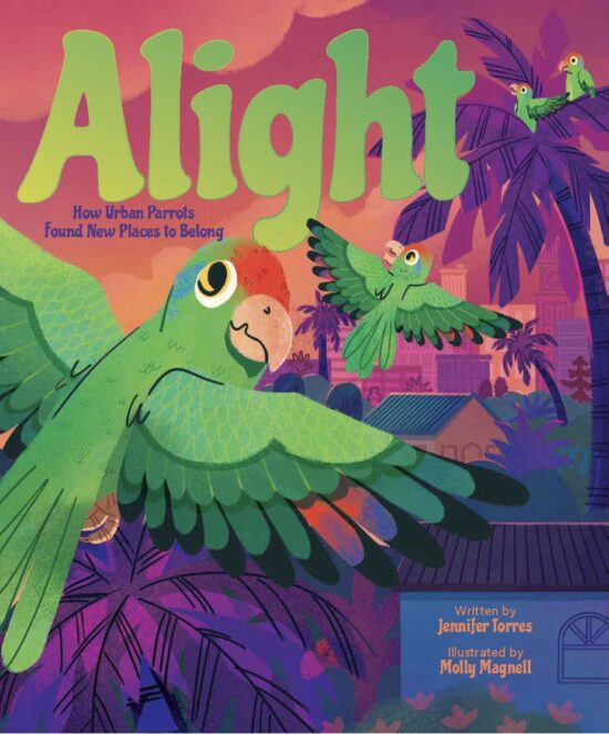 A picture book cover depicting parrots flying over a landscape of houses and palm trees against a pink and purple sunset, while one large parrot in the foreground looks back at the viewer