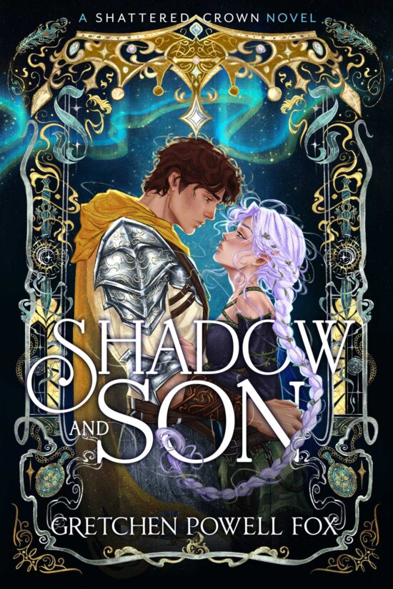 A fantasy novel cover depicting a female fae with purple hair in the embrace of a male knight with a golden cape, who looks down at her as she gazes up at him. Above them is a blue aurora and surrounding them is an intricate golden and silver border entwined with wisps of magic, ending at the top with a golden crown.