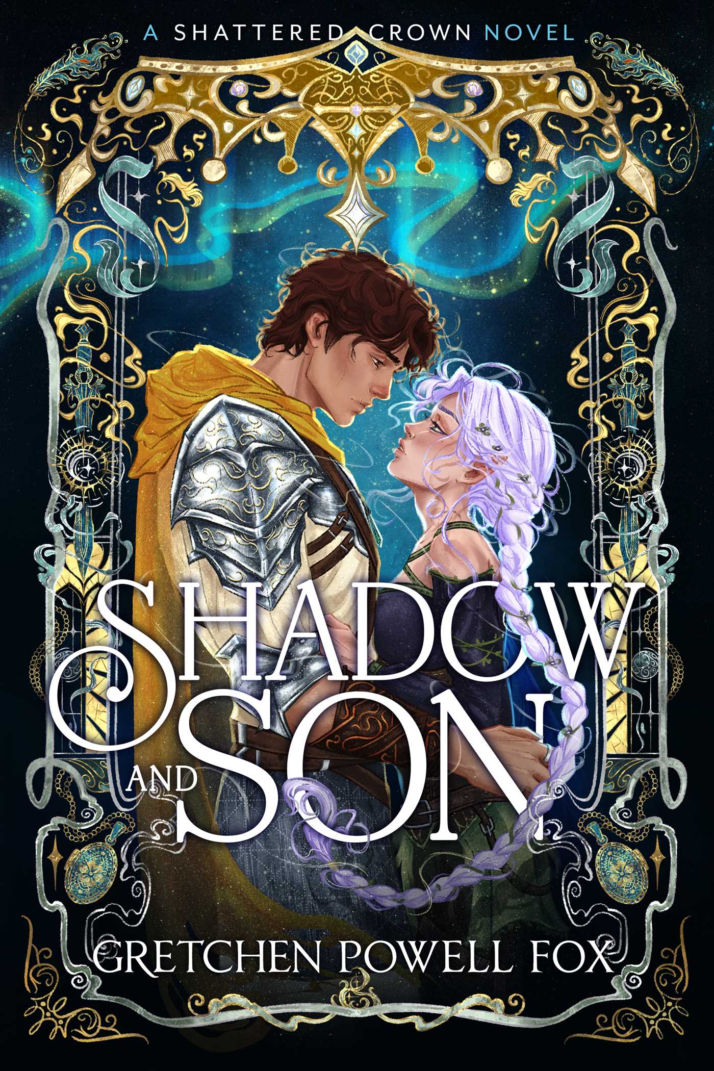 A fantasy novel cover depicting a female fae with purple hair in the embrace of a male knight with a golden cape, who looks down at her as she gazes up at him. Above them is a blue aurora and surrounding them is an intricate golden and silver border entwined with wisps of magic, ending at the top with a golden crown.